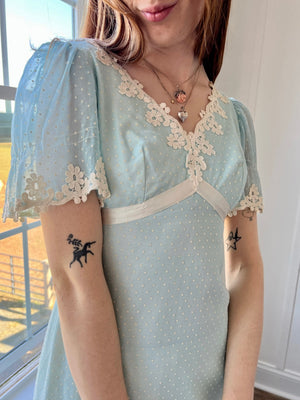 1970s Light Blue Cream Swiss Dotted Flocked Velvet Maxi Dress Short Sleeves Floral Appliqué
