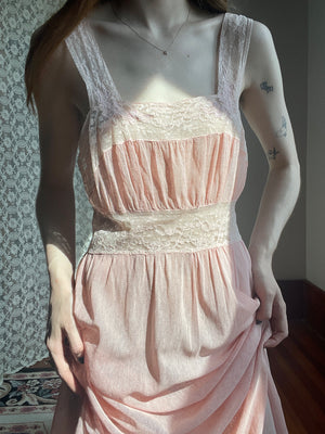 1930s Pale Pink Fishnet Net Bias Cut Midi Slip Dress Lace Appliqué