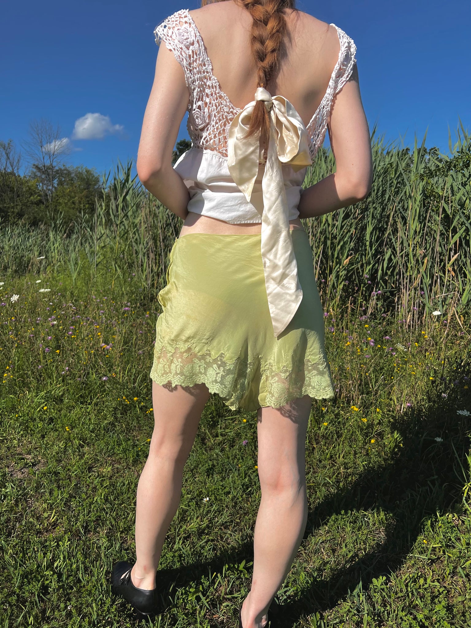 1930s Silk Green Hand Dyed Tap Shorts Lace Embroidered