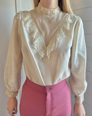 1970s does Victorian White Blouse with High Neck Collar and Floral Lace Bib with Satin Trim