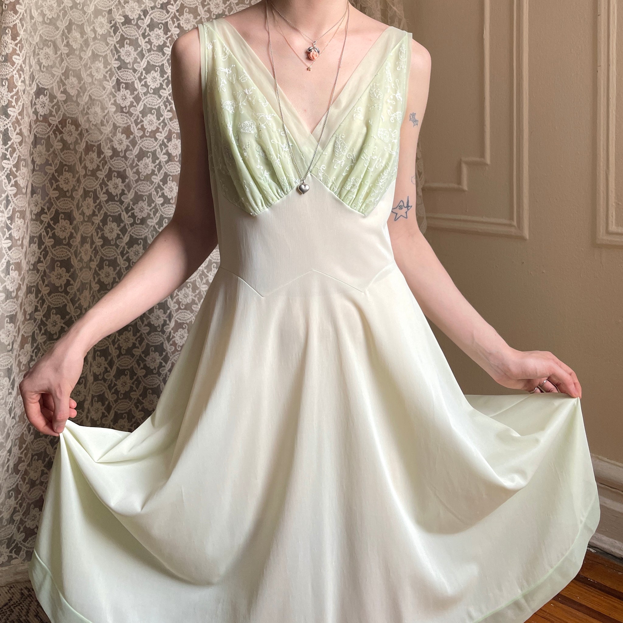 1960s Mint Green Nylon Embroidered Slip Dress