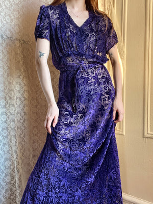 1930s Deep Purple Devore Silk Velvet Gown Bias Cut Sheer Dress