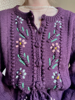 1980s Purple Floral Embroidered does 1940s  Knit Ribbon Button up Cardigan Balloon Sleeves