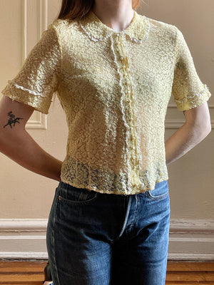 1940s Pale Yellow Lace Blouse Collar Sheer