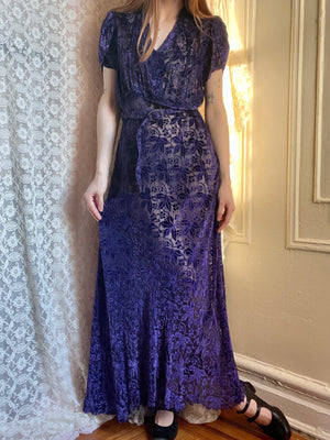 1930s Deep Purple Devore Silk Velvet Gown Bias Cut Sheer Dress