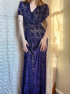 1930s Deep Purple Devore Silk Velvet Gown Bias Cut Sheer Dress