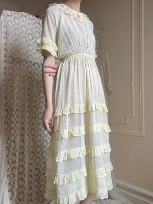 1930s Pale Yellow Cotton Sheer Ruffle Dress