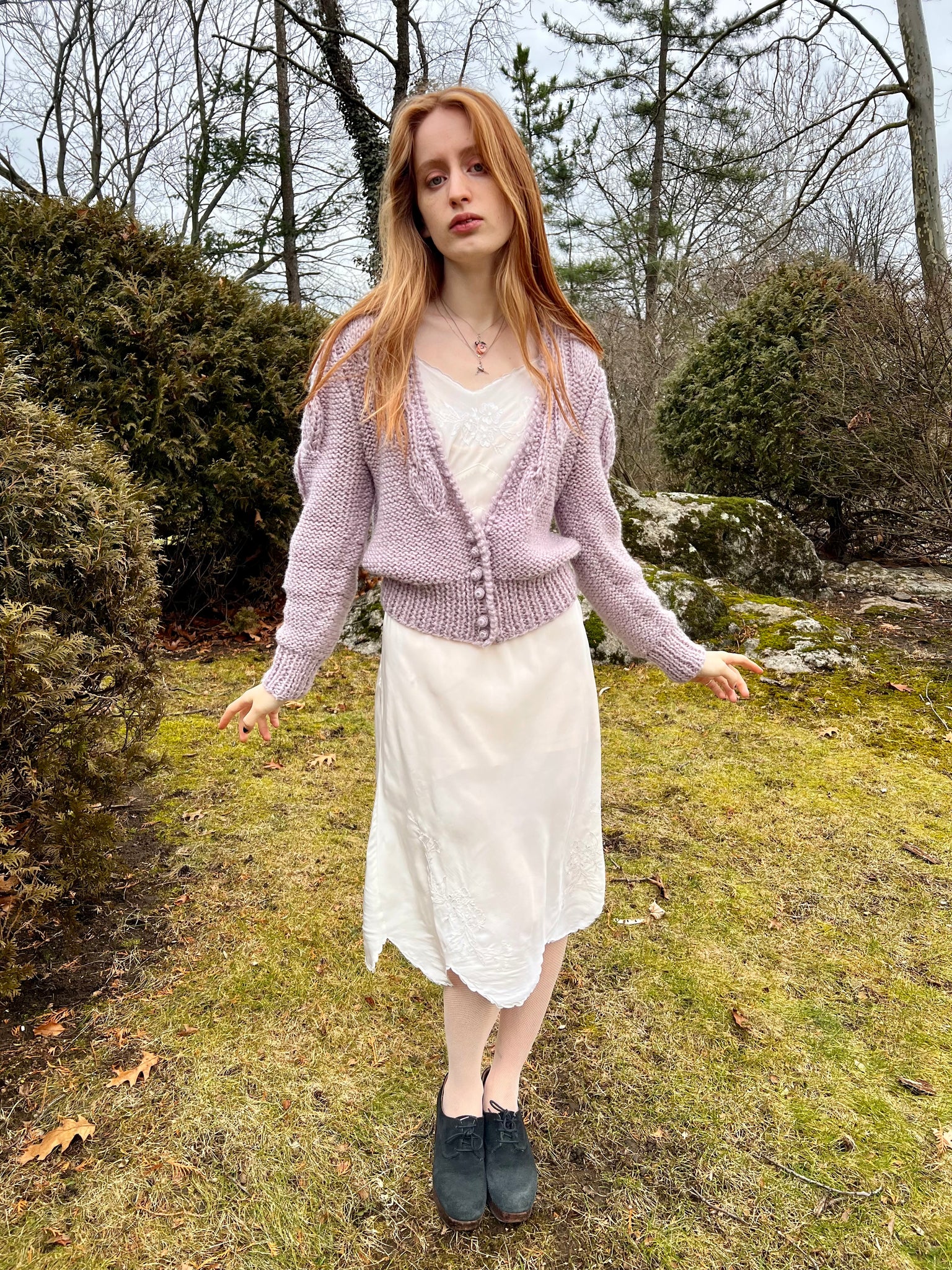 1980s Lavender Cardigan Knit Sweater Balloon Sleeves Button Up