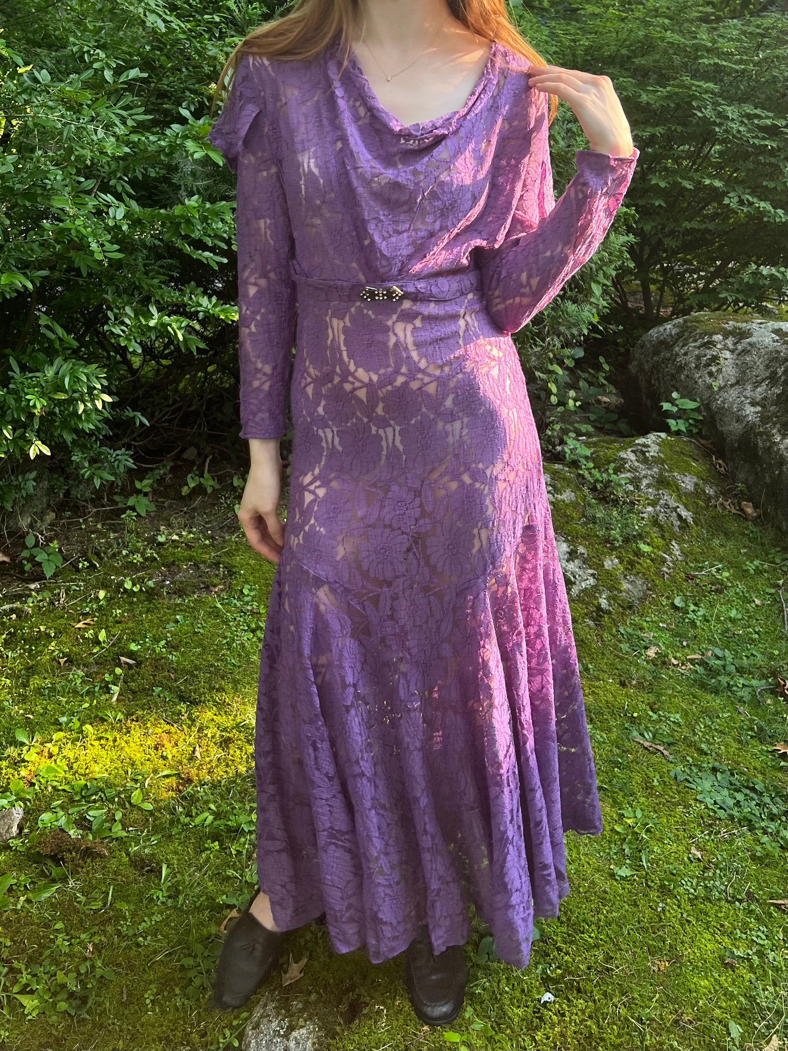 1930s Purple Floral Lace Dress Gown Crystal Belt