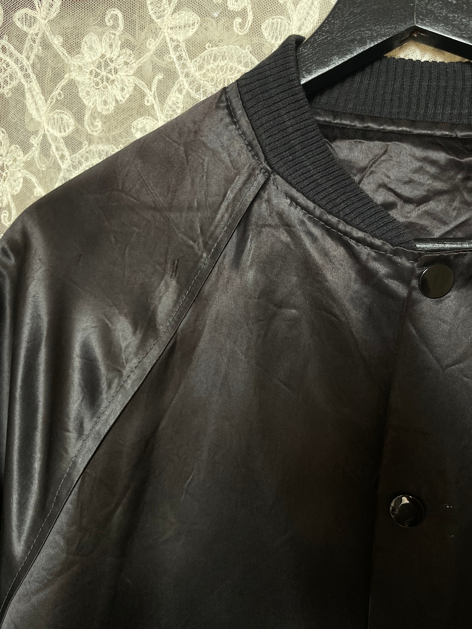 1980s Diamond Dust Unicorn Black Satin Bomber Jacket