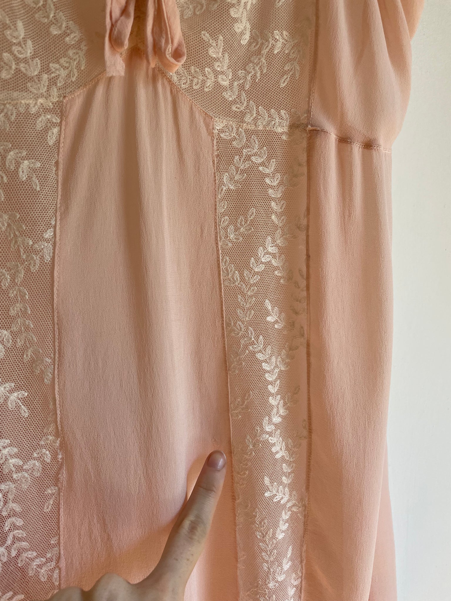 1960s Pale Pink Silk Chiffon Tambour Lace Teddy Mini Slip Dress