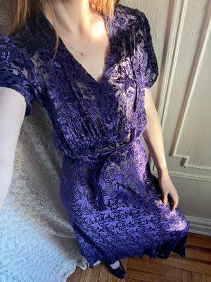 1930s Deep Purple Devore Silk Velvet Gown Bias Cut Sheer Dress