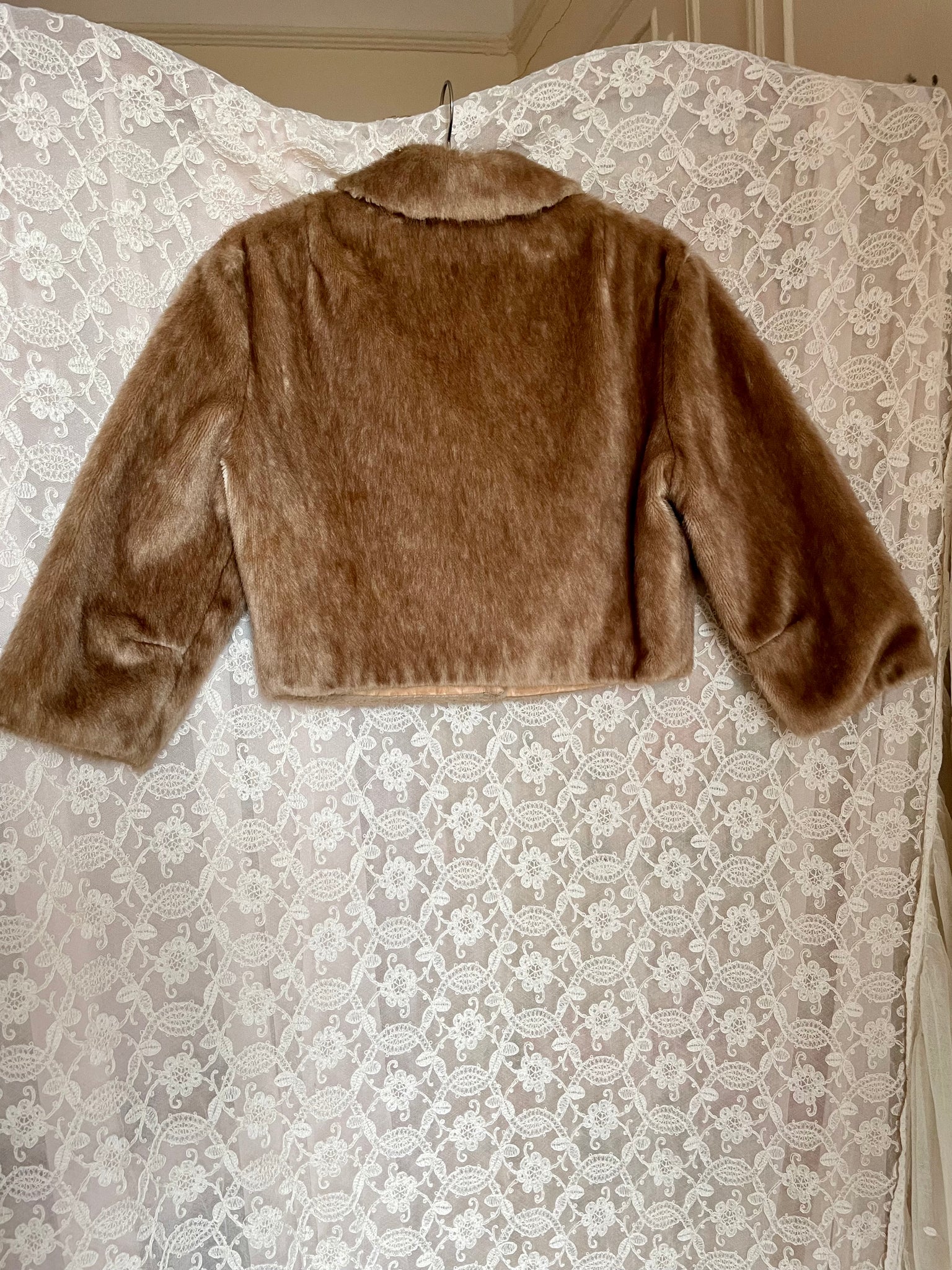 1960s Brown Faux Fur Cropped Jacket Satin Lined