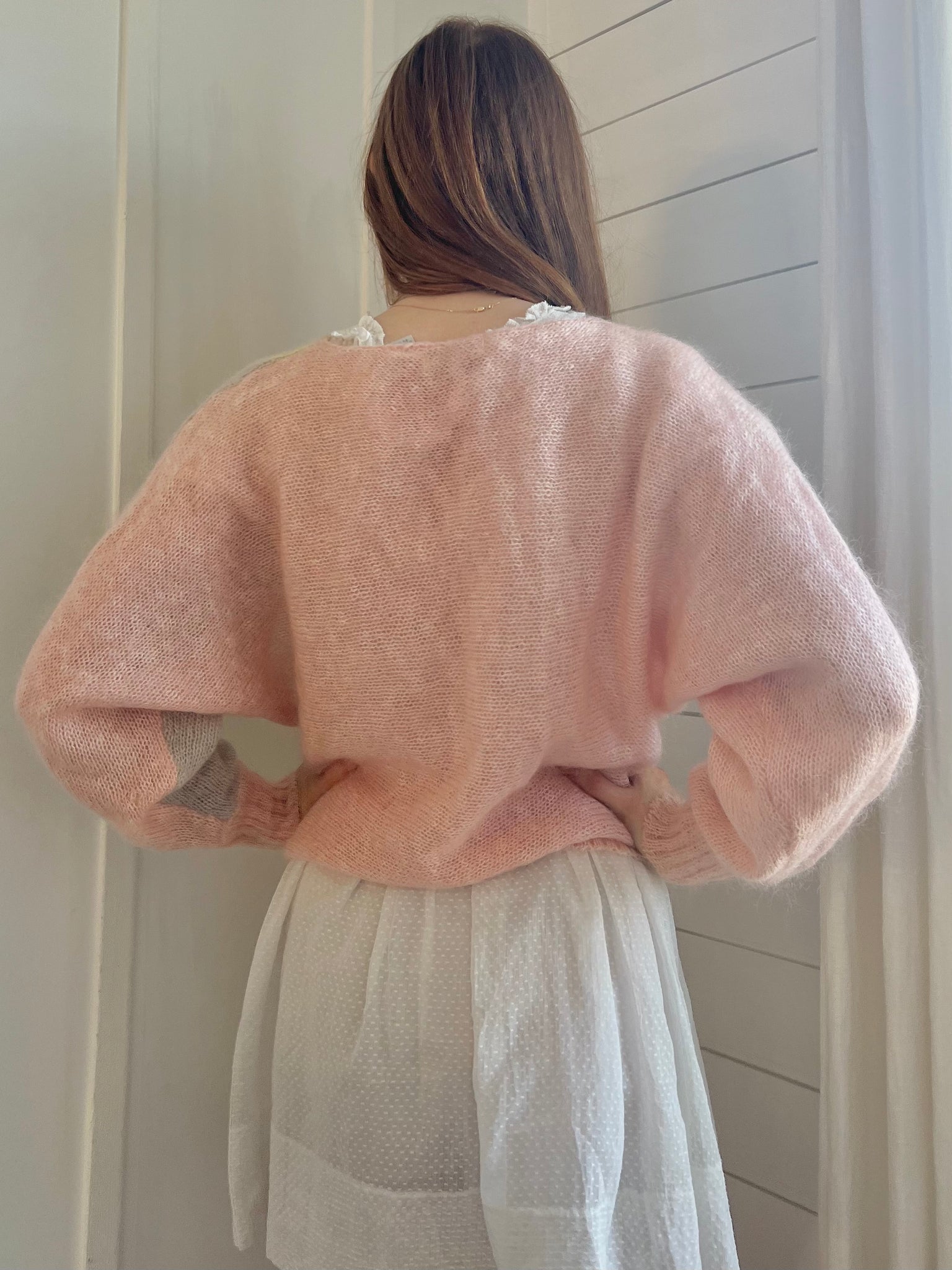 1980s Mohair Pastel Pink Pullover Sweater with Giant Lavender and Green Flower