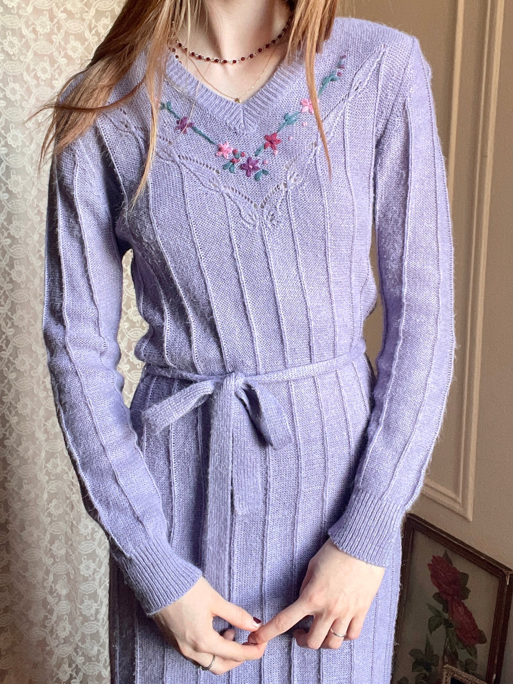 1970s Lavender Knit Sweater Dress Embroidered Floral Butterfly