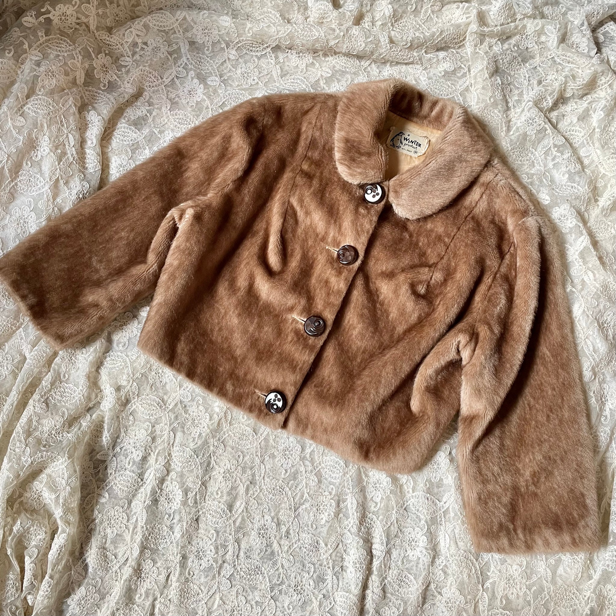 1960s Brown Faux Fur Cropped Jacket Satin Lined