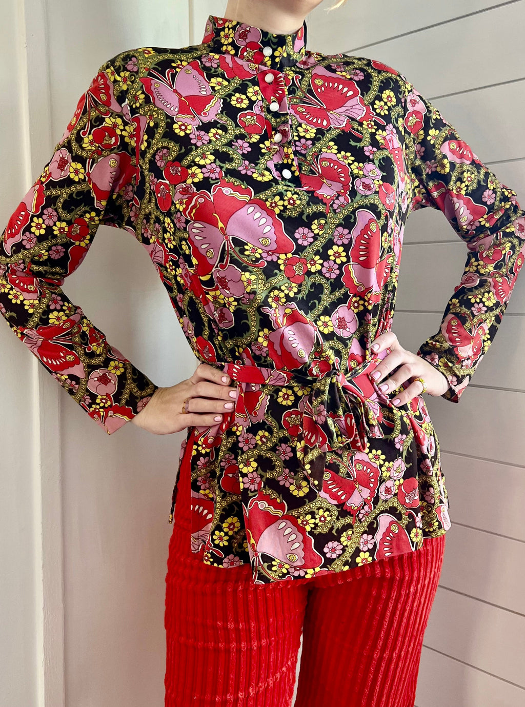 1970s Red Psychedelic Novelty Butterfly Print Blouse