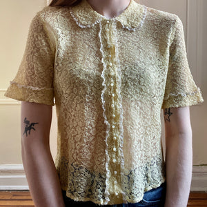 1940s Pale Yellow Lace Blouse Collar Sheer