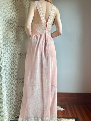 1930s Pale Pink Fishnet Net Bias Cut Midi Slip Dress Lace Appliqué