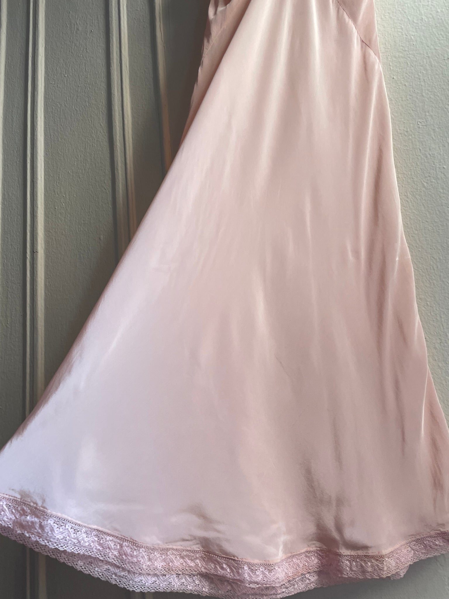 1940s Blush Pink Rayon Bias Cut Midi Slip Dress Antique Handsewn Floral Details