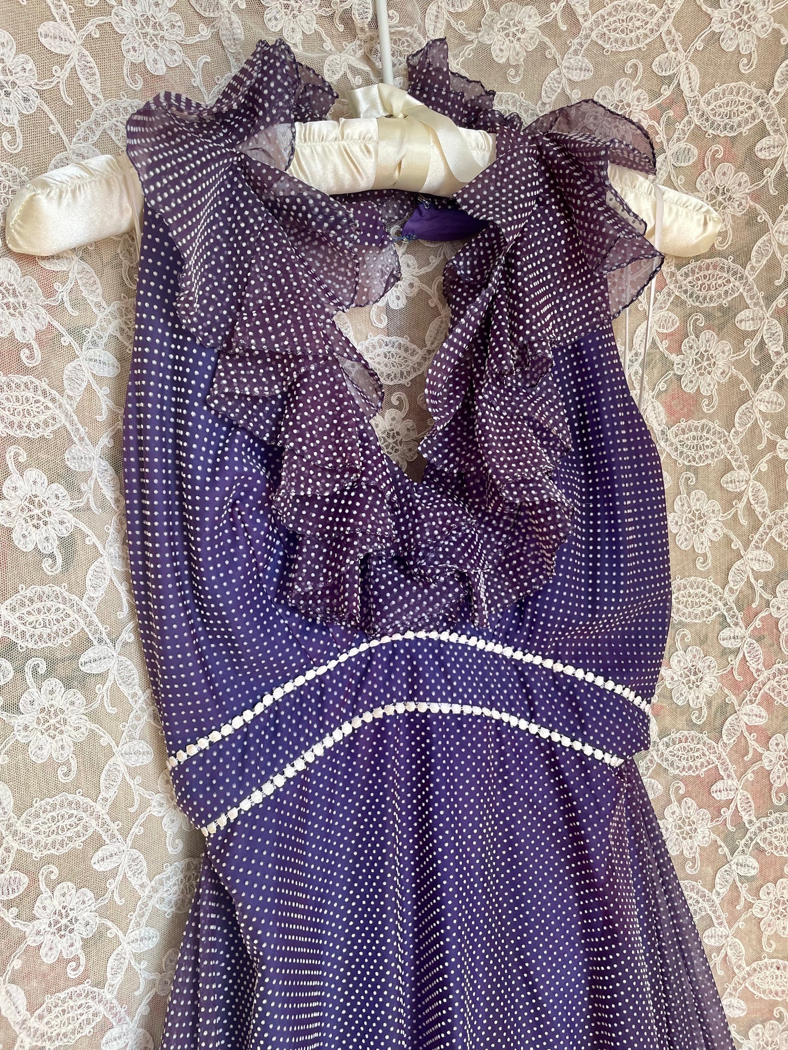 1970s Eggplant Purple Flocked Dotted Ruffle Halter Maxi Dress