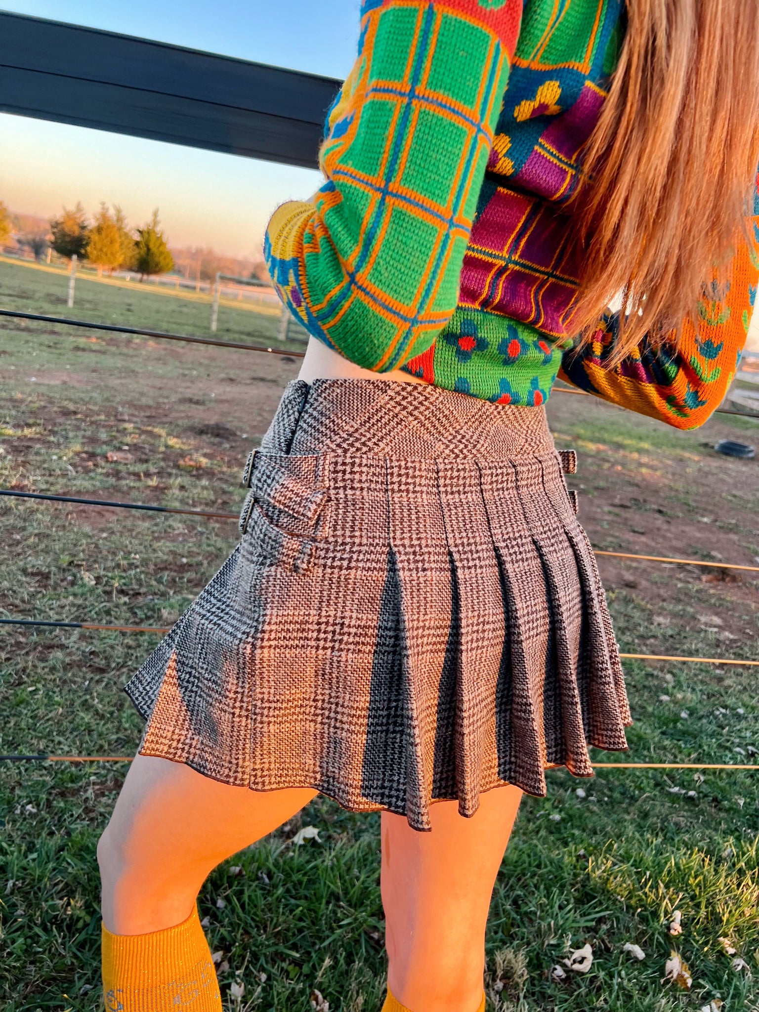 2000s Juicy Couture Brown Plaid Pleated Mini Skirt with Buckle Details