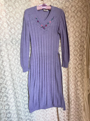 1970s Lavender Knit Sweater Dress Embroidered Floral Butterfly