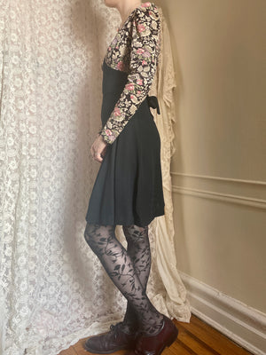 1970s Arpeja Young Innocent Floral Print Black Mini Dress Tie Back Long Sleeve