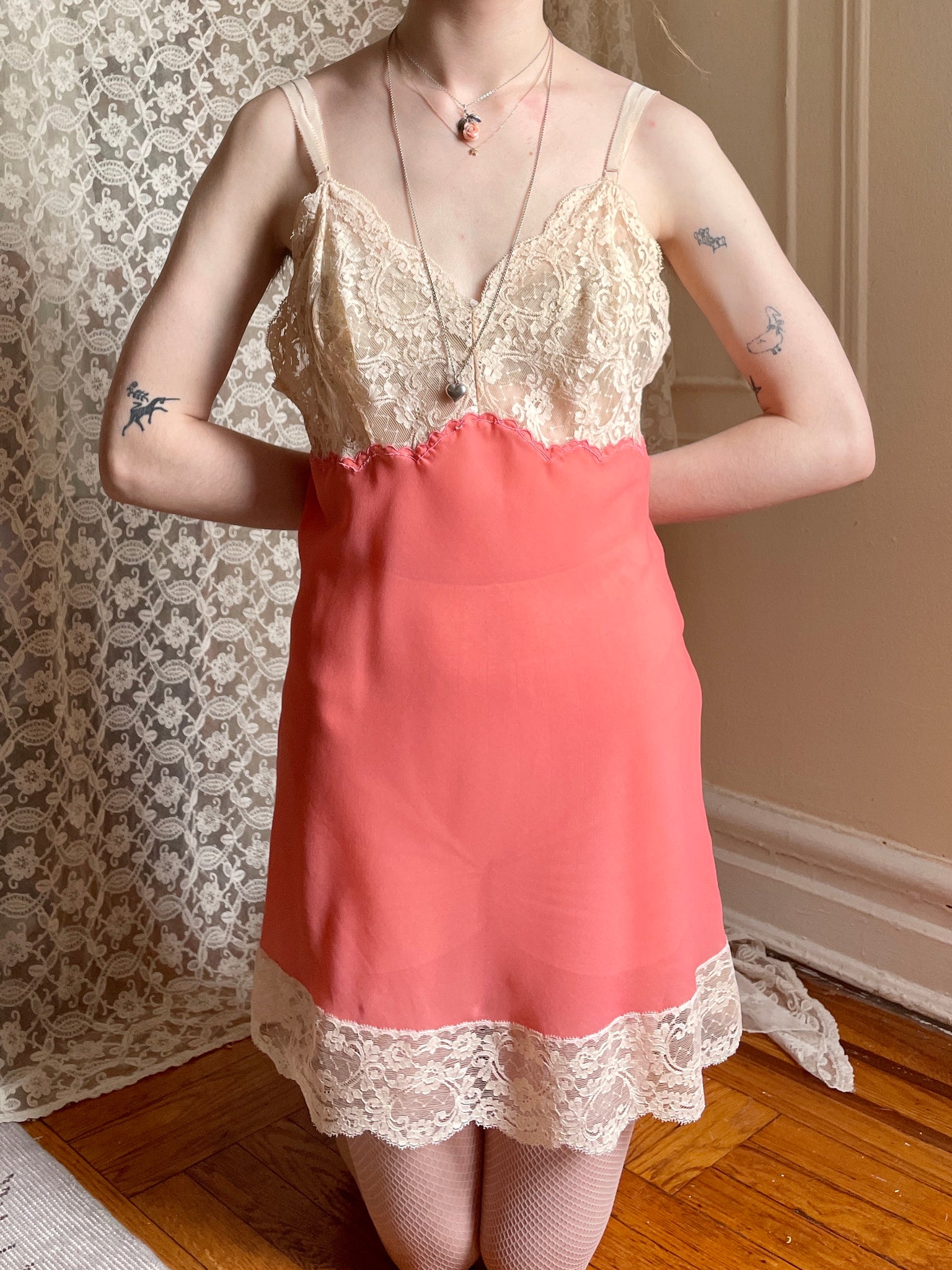 1960s Hot Coral Pink Cream Lace Sheer Mini Slip Dress