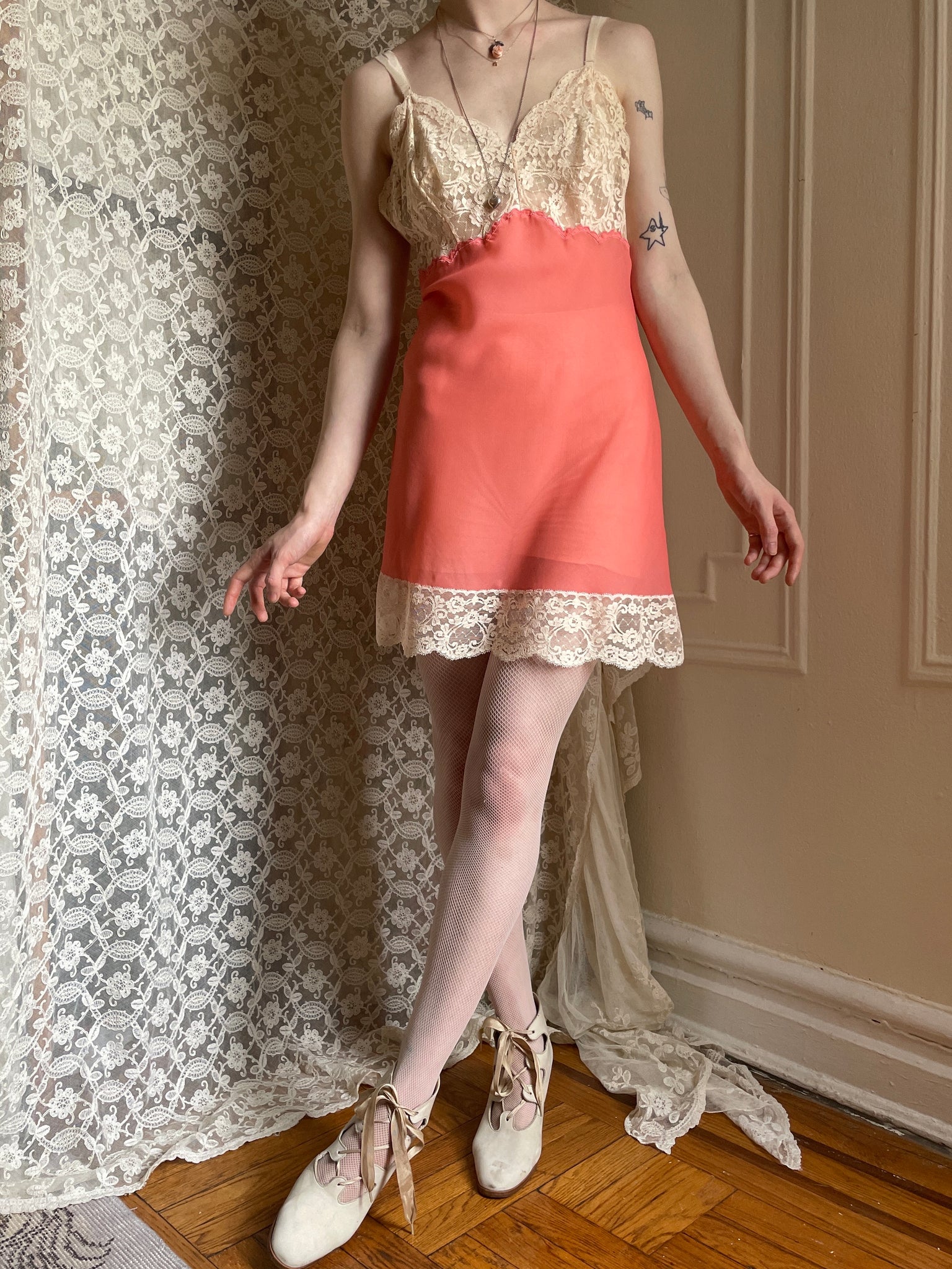 1960s Hot Coral Pink Cream Lace Sheer Mini Slip Dress