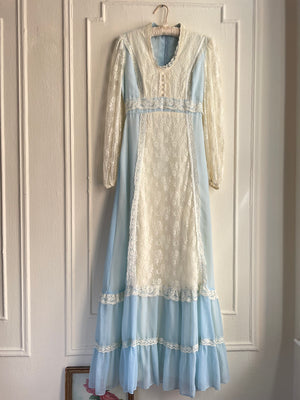 1970s Light Blue Cotton Gauze White Lace Tiered Prairie Maxi Dress