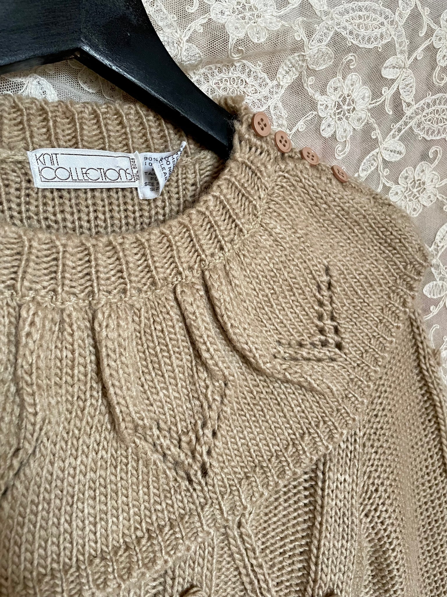 1980s Coffee Brown Bauble Knit Sweater Scoop Collar