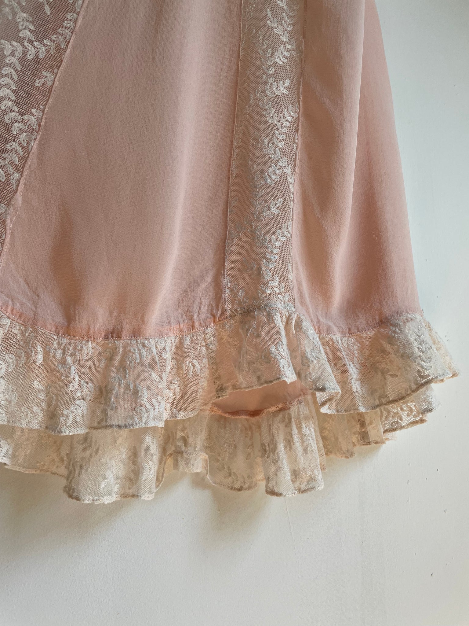 1960s Pale Pink Silk Chiffon Tambour Lace Teddy Mini Slip Dress