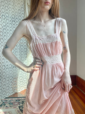 1930s Pale Pink Fishnet Net Bias Cut Midi Slip Dress Lace Appliqué