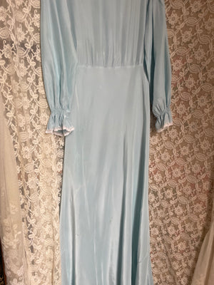 1940s Baby Blue Rayon Balloon Long Sleeve Collared Slip Dress