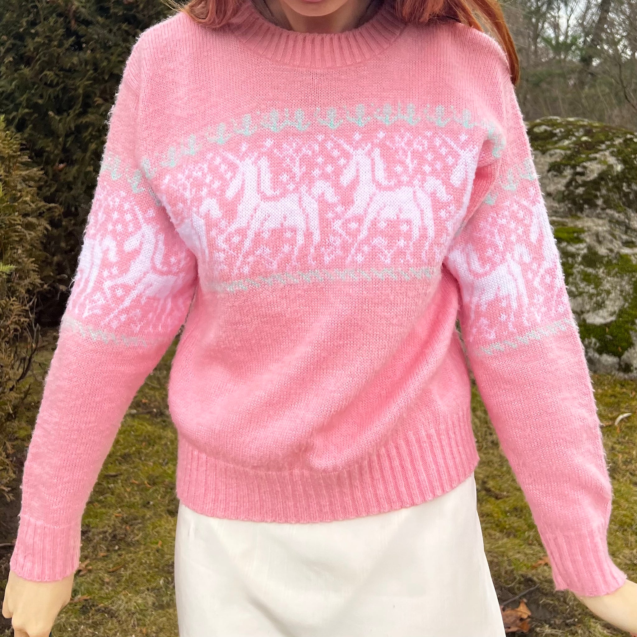 1990s Pink Unicorn White Floral Knit Pullover Sweater
