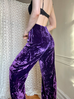 1970s Ombré Purple Pink Crushed Velvet Bell Bottom Wide Leg Pants