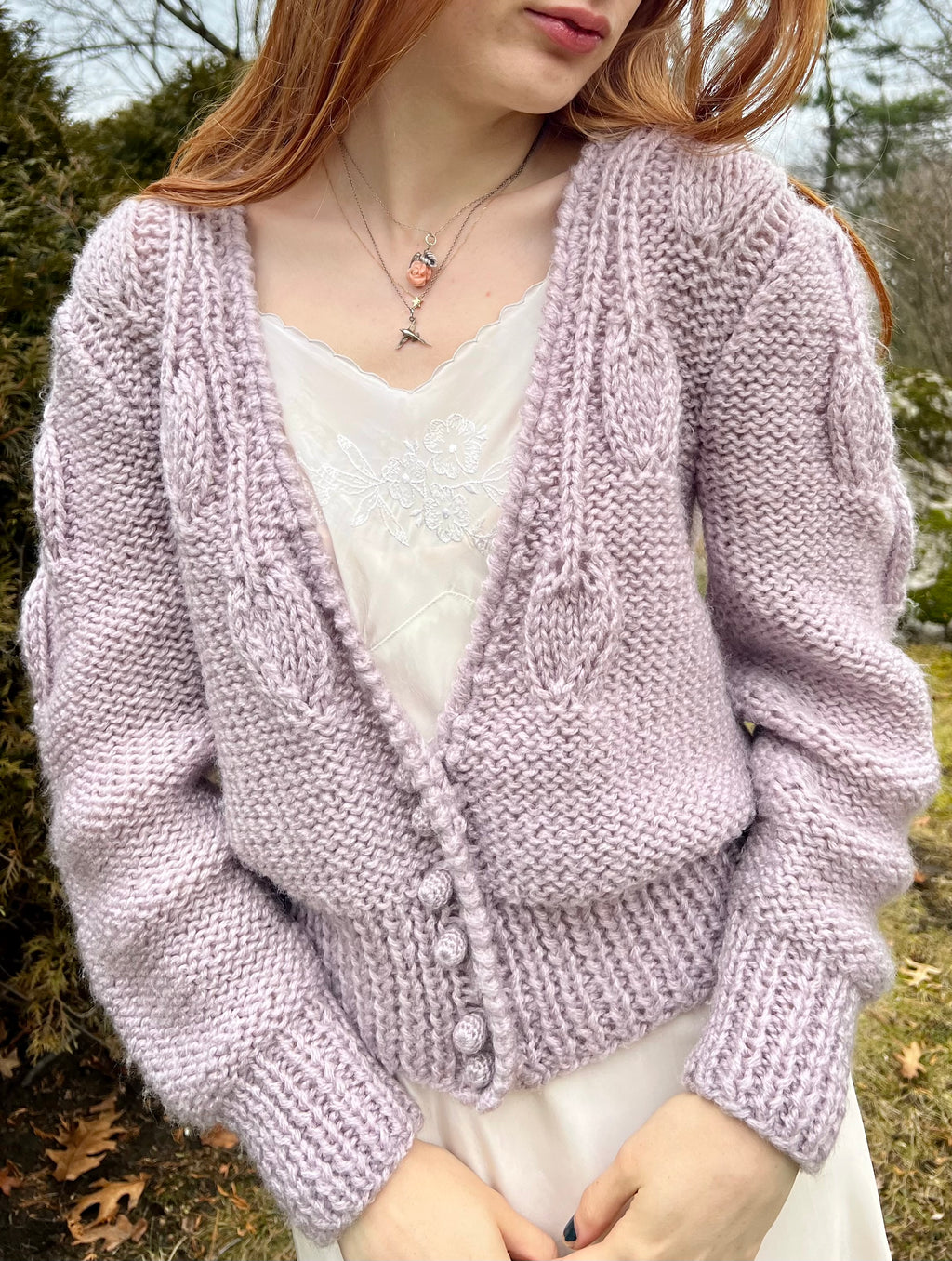 1980s Lavender Cardigan Knit Sweater Balloon Sleeves Button Up