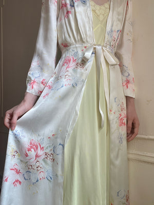 1940s White Floral Rayon Satin Robe Ribbon Tie