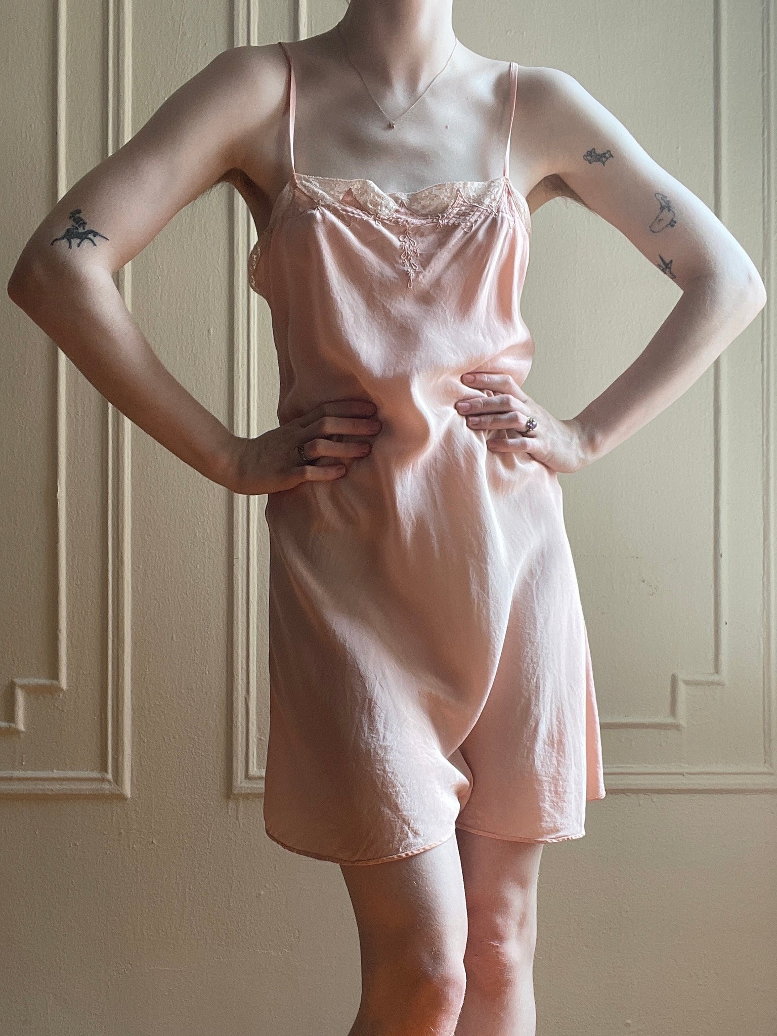 1930s Pink Silk Step In Mini Slip Dress Bias Cut Embroidered Lace – Breath  Of the Earth