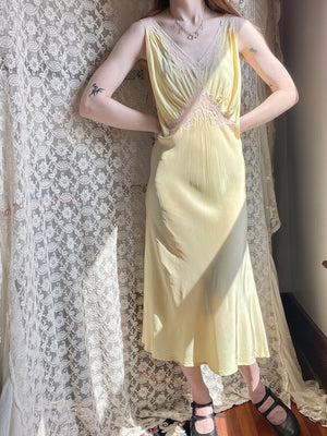 1940s Lace Yellow Bias Cut Rayon Slip Dress