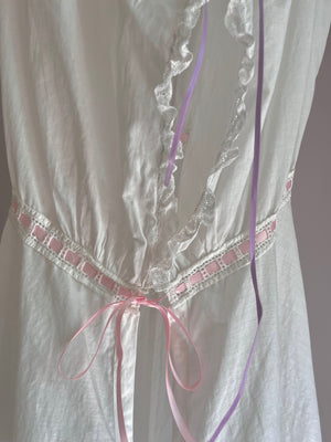 1900s Edwardian Cotton Floral Embroidery Combinations Pink Purple Ribbon Split Crotch
