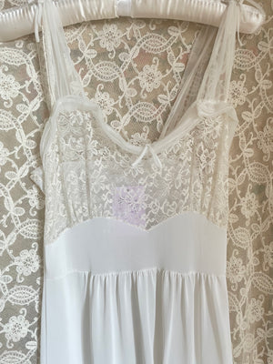 1960s White Nylon Lace Bust Full Length Slip Dress
