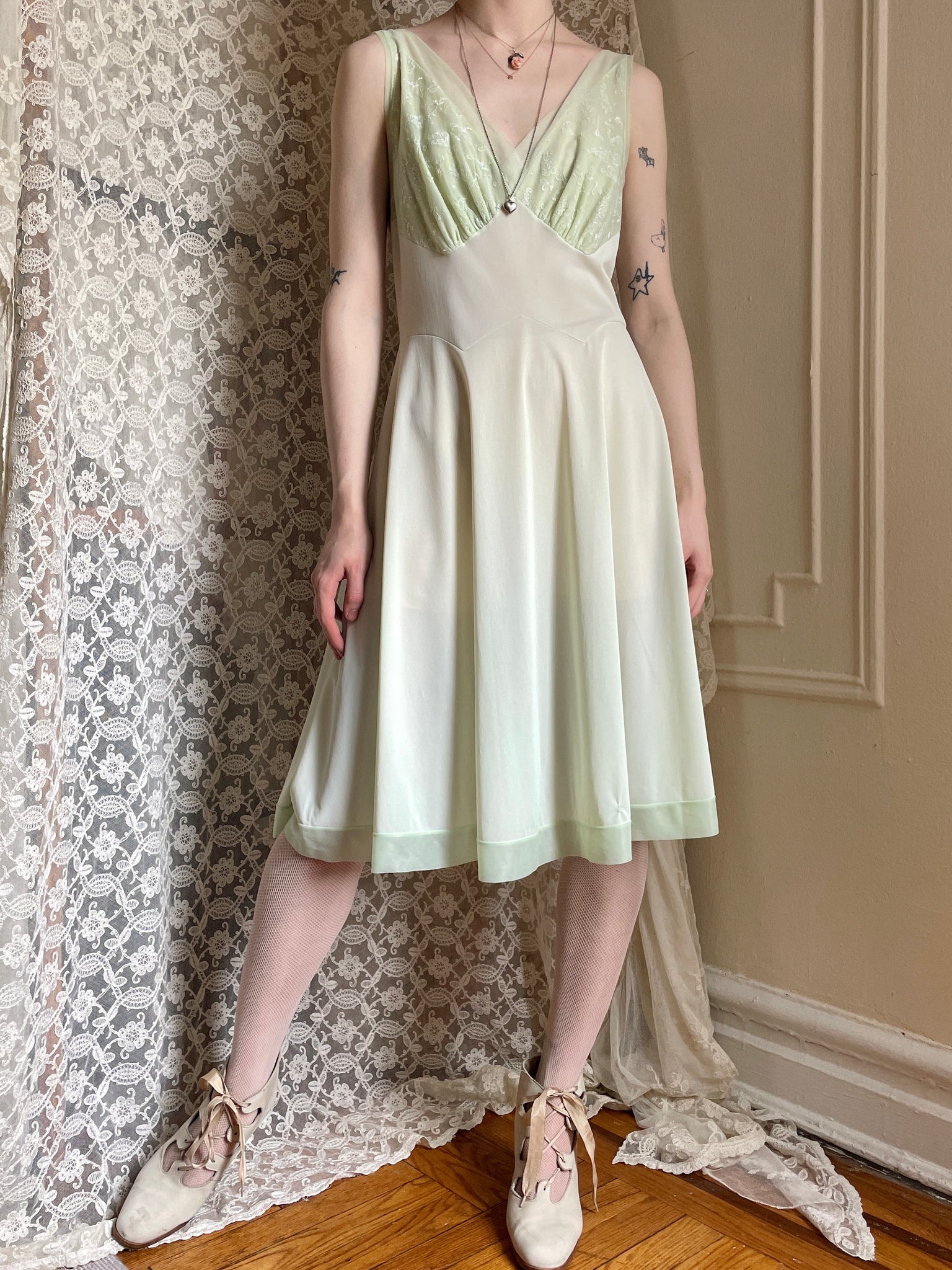 1960s Mint Green Nylon Embroidered Slip Dress