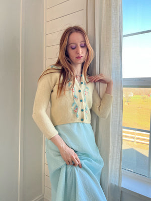 1970s Light Blue Cream Swiss Dotted Flocked Velvet Maxi Dress Short Sleeves Floral Appliqué
