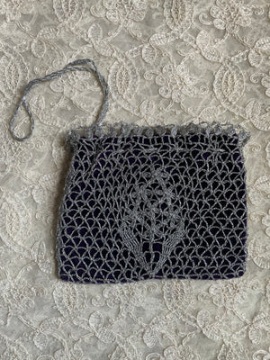 1960s Silver Lame Metallic Crochet Purple Velvet Belt Drawstring Purse Set