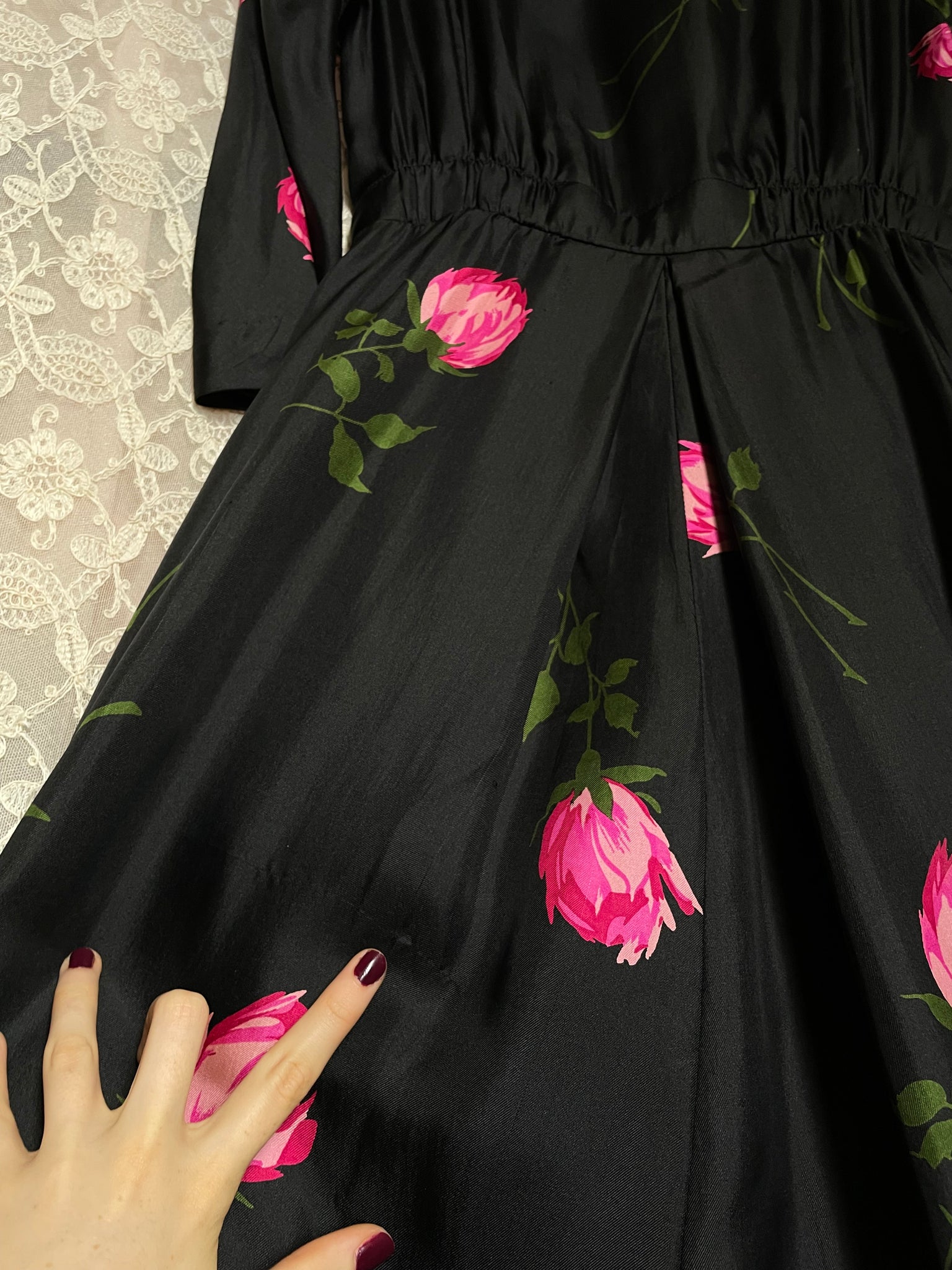 1950s Silk Black Pink Rose Printed Midi Dress