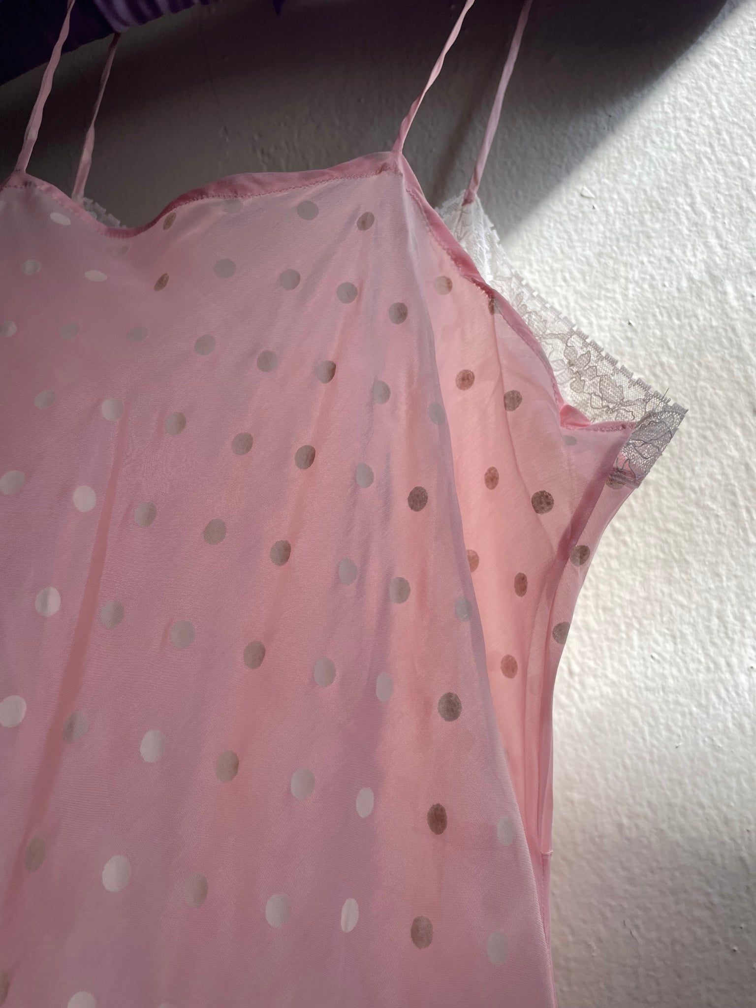 Deadstock 1960s Pink White Dotted Rayon Bias Cut Midi Slip Dress Sheer Print Ribbon Ruffle Hem