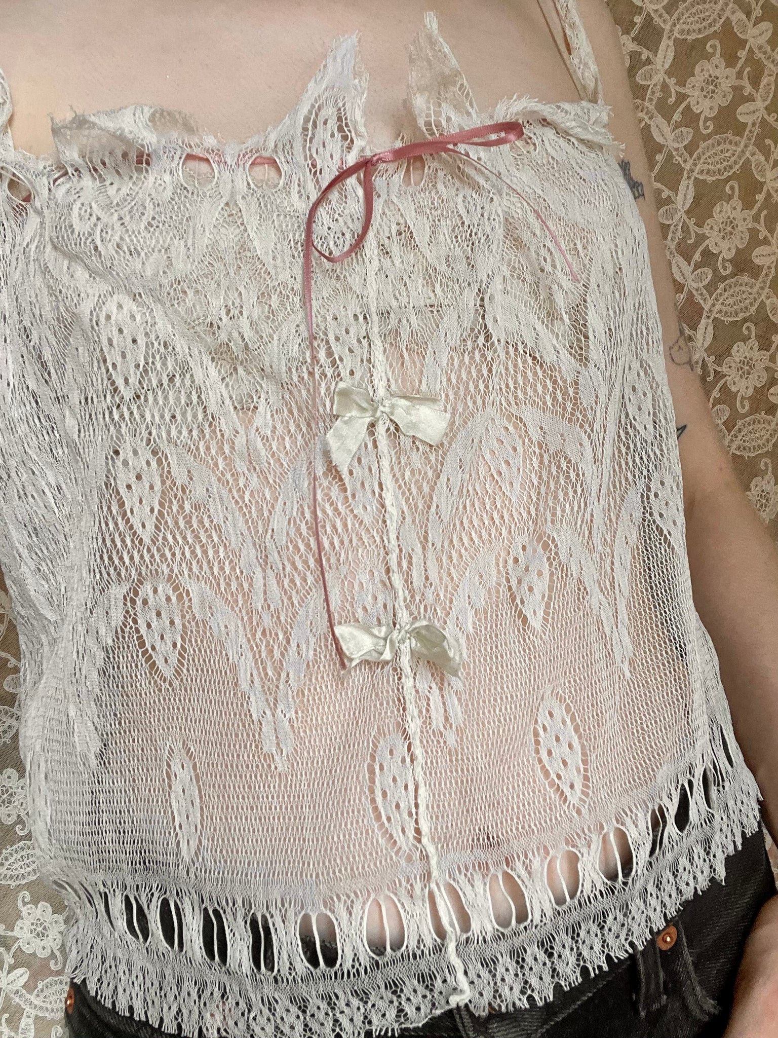 1900s Edwardian Corset Cover Sunflower Lace Bow Ribbon