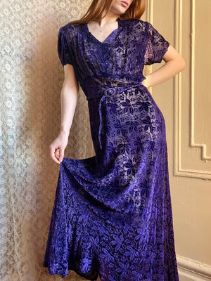 1930s Deep Purple Devore Silk Velvet Gown Bias Cut Sheer Dress